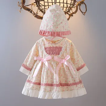 Весенне-осеннее платье для маленьких девочек, детское платье принцессы с длинными рукавами, платья в стиле Лолиты на день рождения для малышей + шляпа