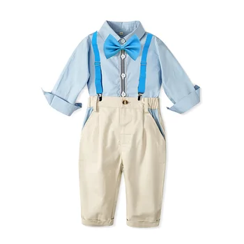 Детская одежда, костюм-рубашка для мальчиков, детский комплект из 4 предметов, осенне-весенний детский хлопковый топ на пуговицах со штанами, костюм