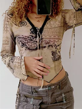 Женская Эстетичная блузка Fairycore Y2K, расклешенные топы с V-образным вырезом и винтажным принтом, Летние Осенние Сексуальные рубашки Harajuku, Женские