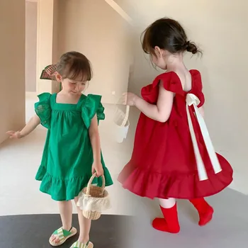 Летняя мода Для маленьких девочек, Хлопчатобумажное платье принцессы с оборками и галстуком-бабочкой на спине, милые наряды для детей, одежда 2-8 лет