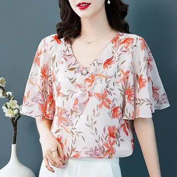 Летняя шифоновая рубашка с цветочными оборками, Свободный женский топ с коротким рукавом, Новая блузка с V-образным вырезом и принтом, 4XL