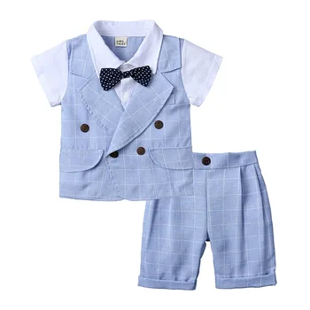 Одежда для маленьких мальчиков, Рубашка в клетку с коротким рукавом, Шорты, Летний формальный Детский комплект в полоску от 1 до 4 лет